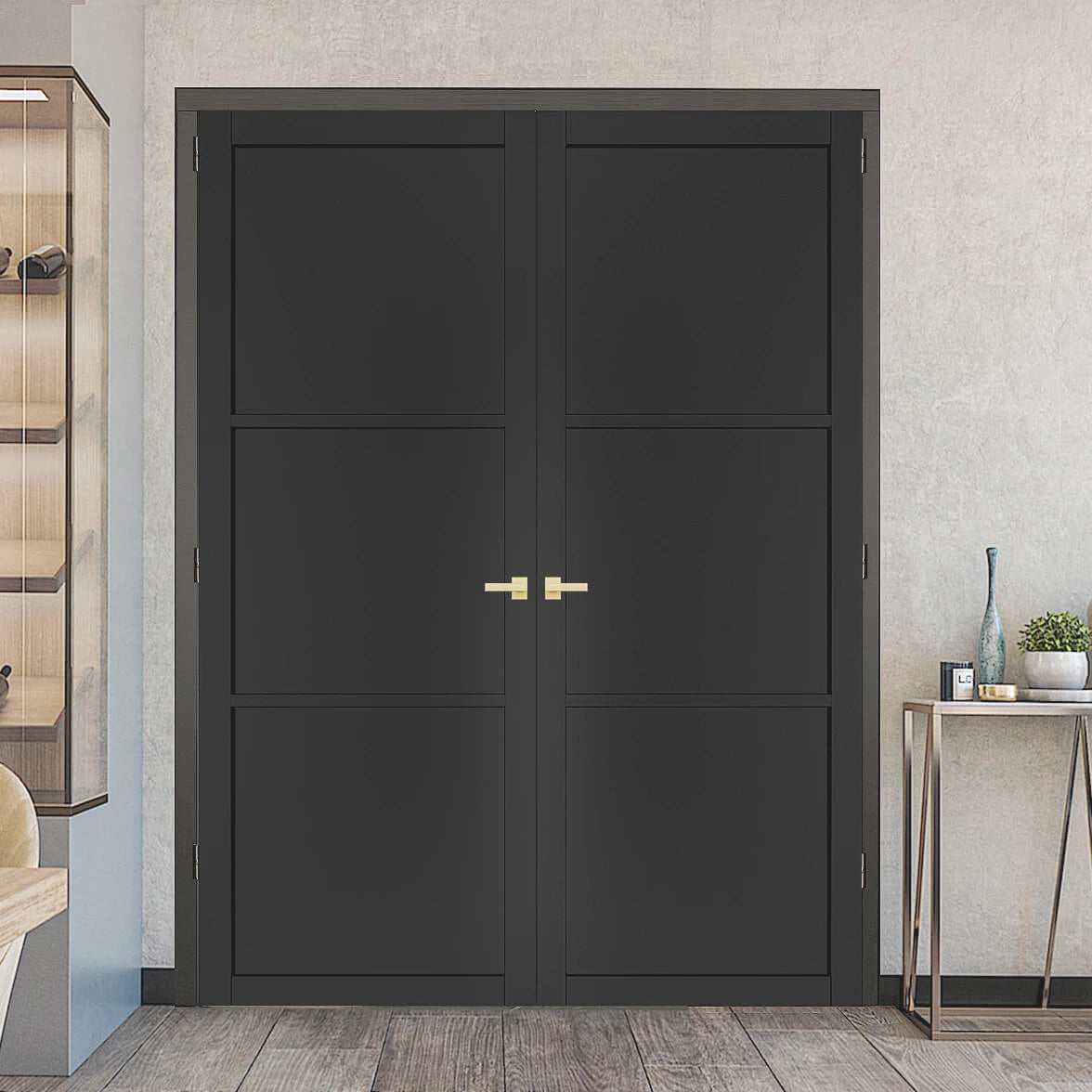 Black 3 Panel Custom Made Industrial Style Door Pair – Emerald Doors