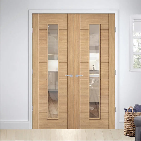 Carini Oak Long Light Clear Glazed Fully Finished Door Pair