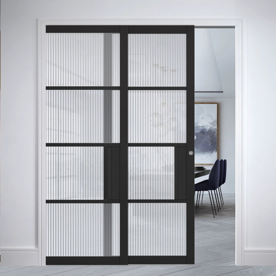 Black Chelsea Reeded Glazed Telescopic Pocket Doors