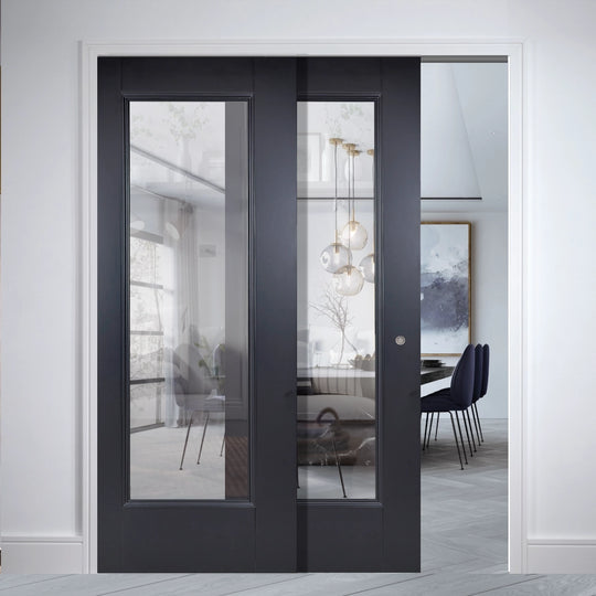 Telescopic Black Eindhoven Clear Glazed Pocket Door System