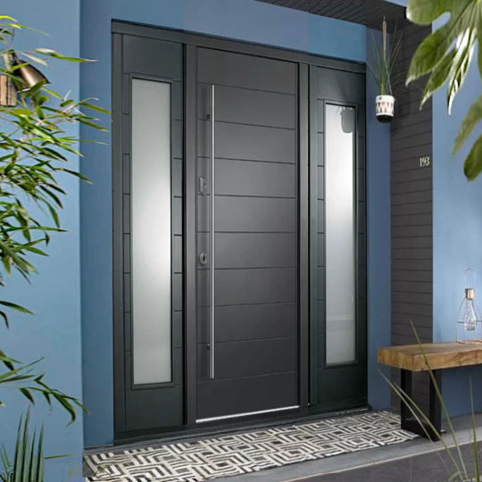 Oslo Grey External Door Set with Double Sidelight and Pull Bar Handle