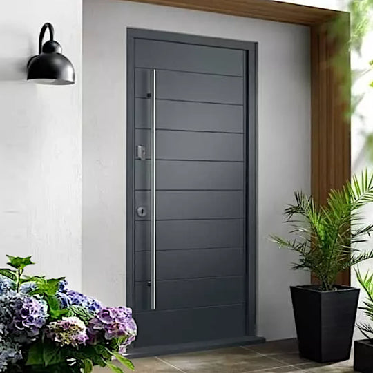 Oslo Grey Hardwood External Door with Frame with Pull Bar Handle