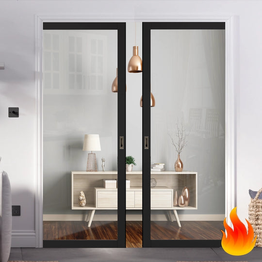 Industrial Style Extra Slim Pattern 10 Fire Rated Double Pocket Door Set