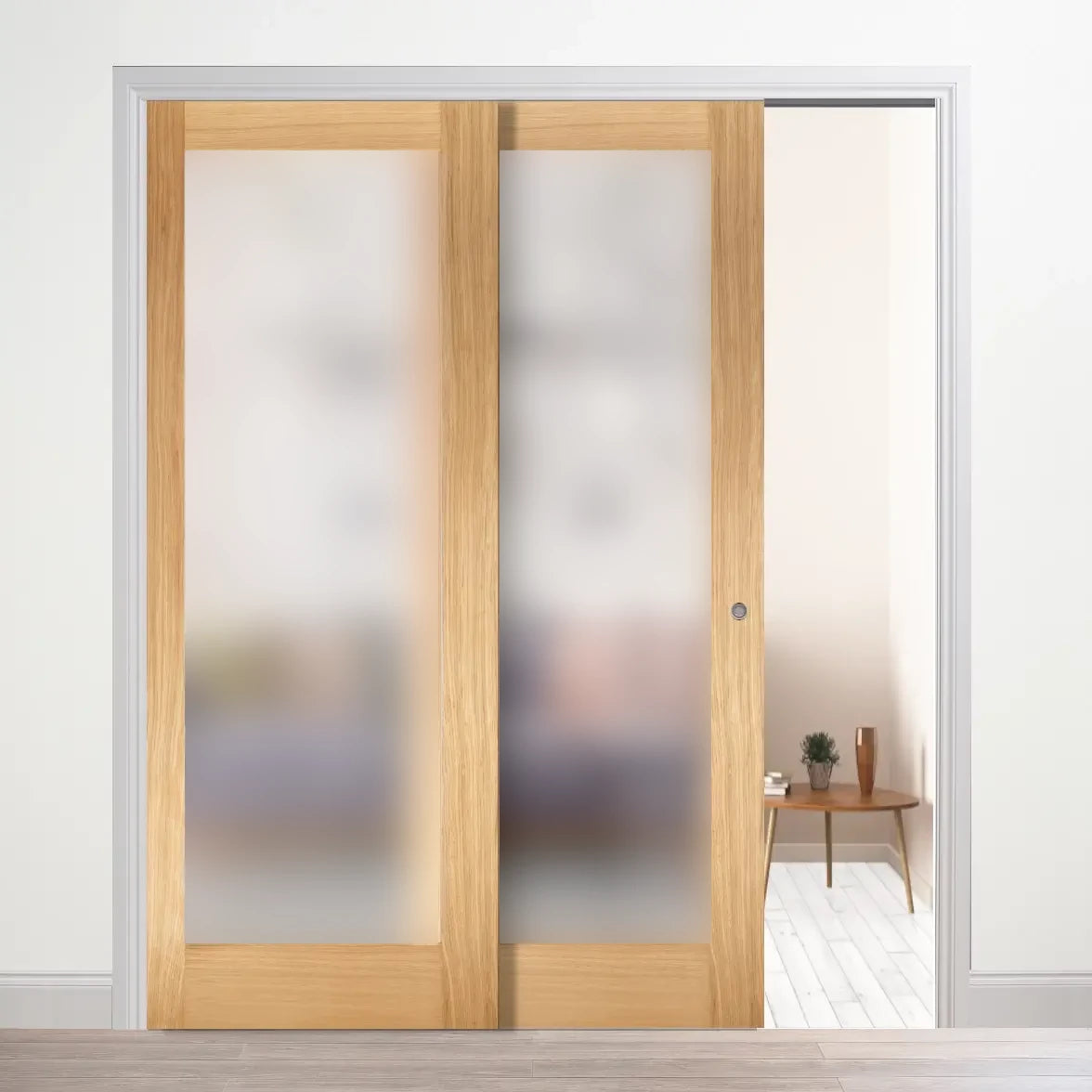 Pattern 10 Oak Obscure Glazed Telescopic Pocket Door System – Emerald Doors