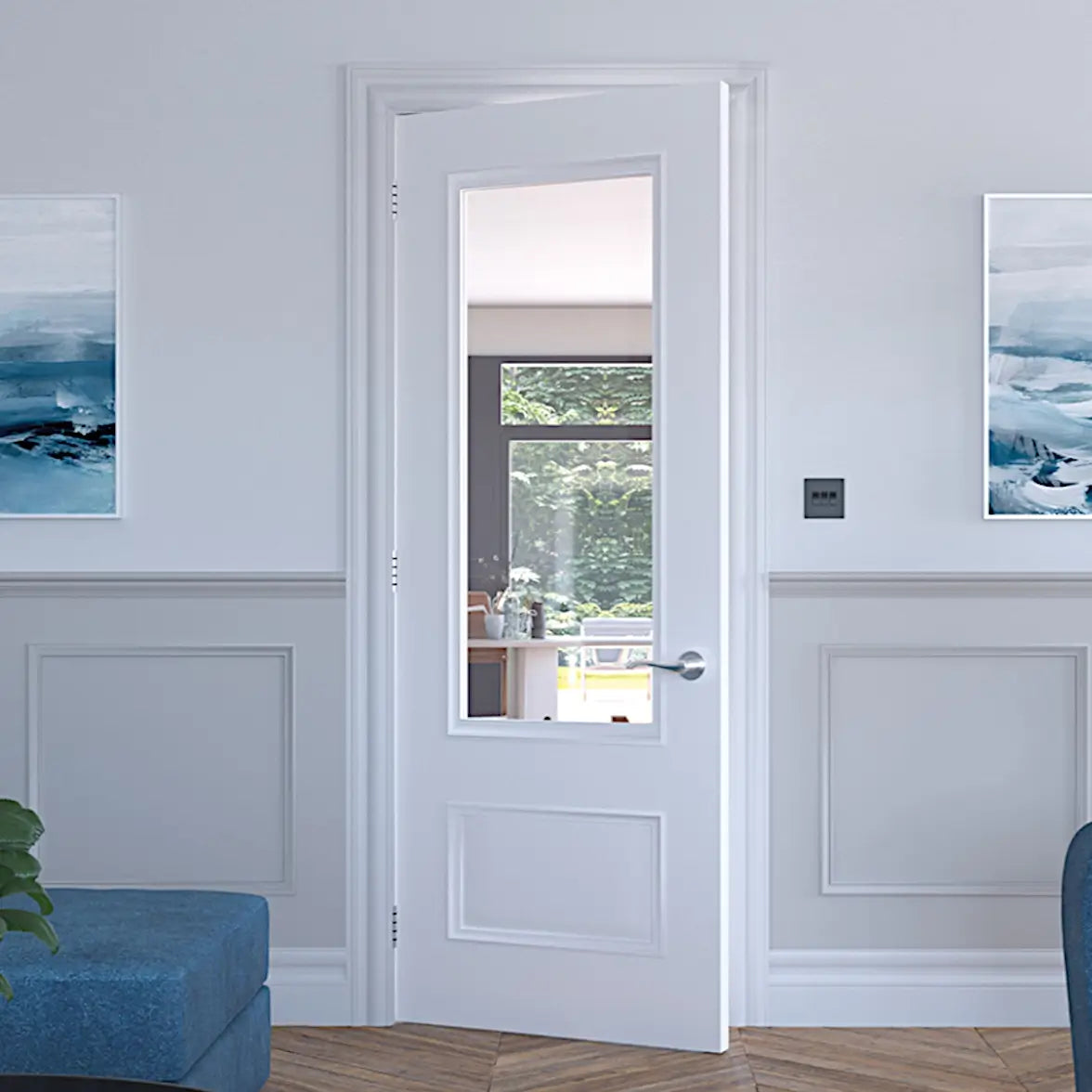 Sandringham 2 Panel White Primed Clear Glazed Door Emerald Doors Sandringham 2 Panel White Primed Clear Glazed Door Emerald Doors