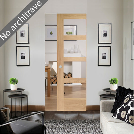 Oak Shaker 4L Clear Glazed Flush Pocket Door Set