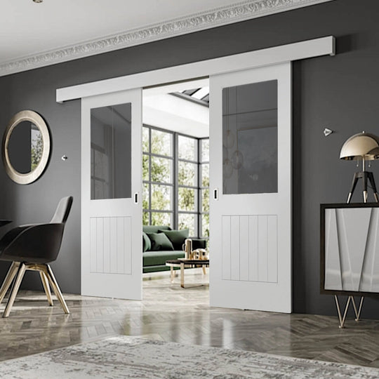 White Suffolk Double Sliding Door System Clear Glazed