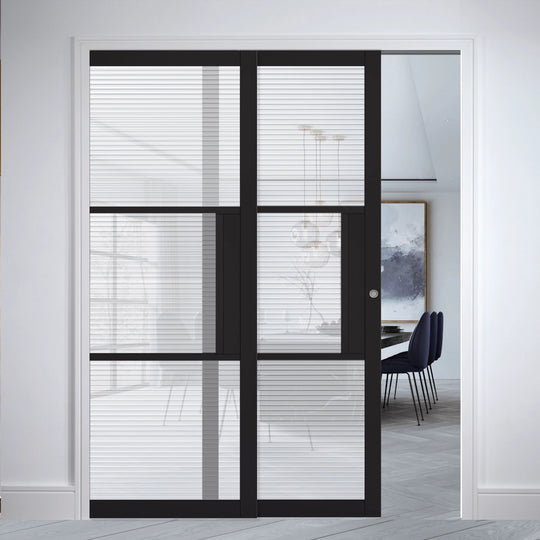 Black Tribeca Reeded Glazed Telescopic Pocket Doors