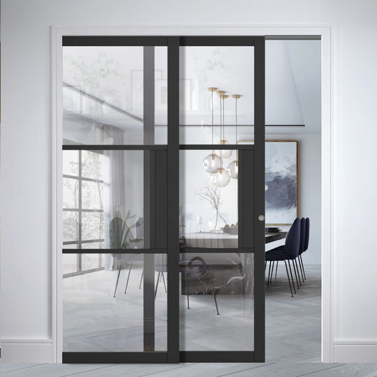 Black Tribeca Clear Glazed Telescopic Pocket Doors