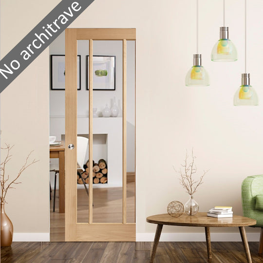 Worcester Oak Clear Glazed Flush Pocket Door Set