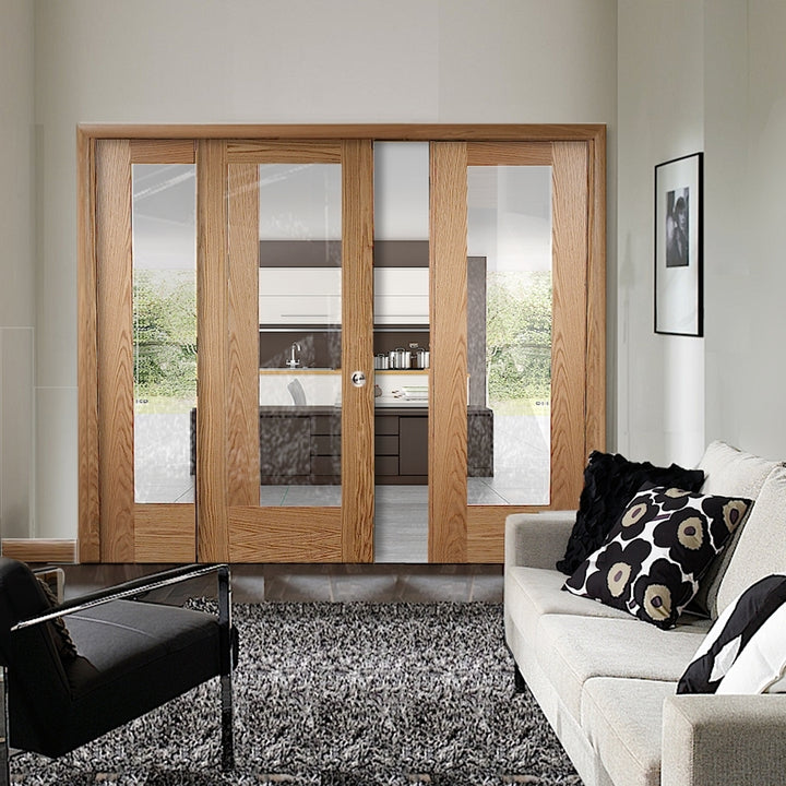Oak Pattern 10 Sliding Door System with Fixed Panels (clear glass)