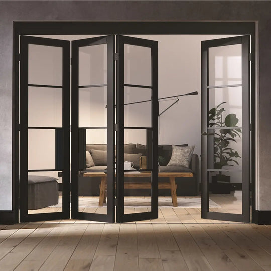 Black Chelsea 4 Door Industrial Style Folding Doors With Clear Glass