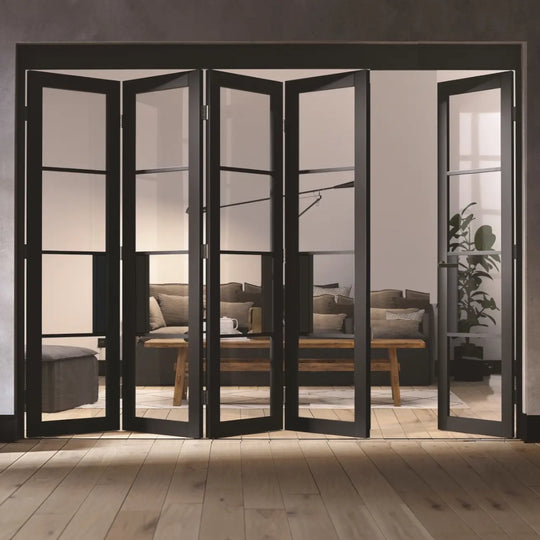 Black Chelsea 5 Door Industrial Style Folding Doors With Clear Glass