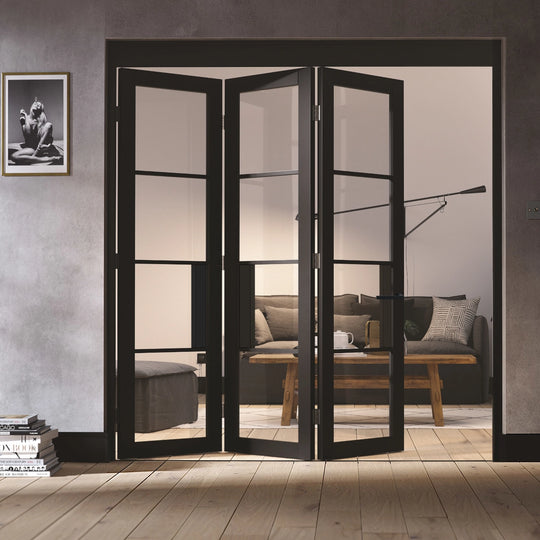 Black Chelsea 3 Door Industrial Style Folding Doors With Clear Glass