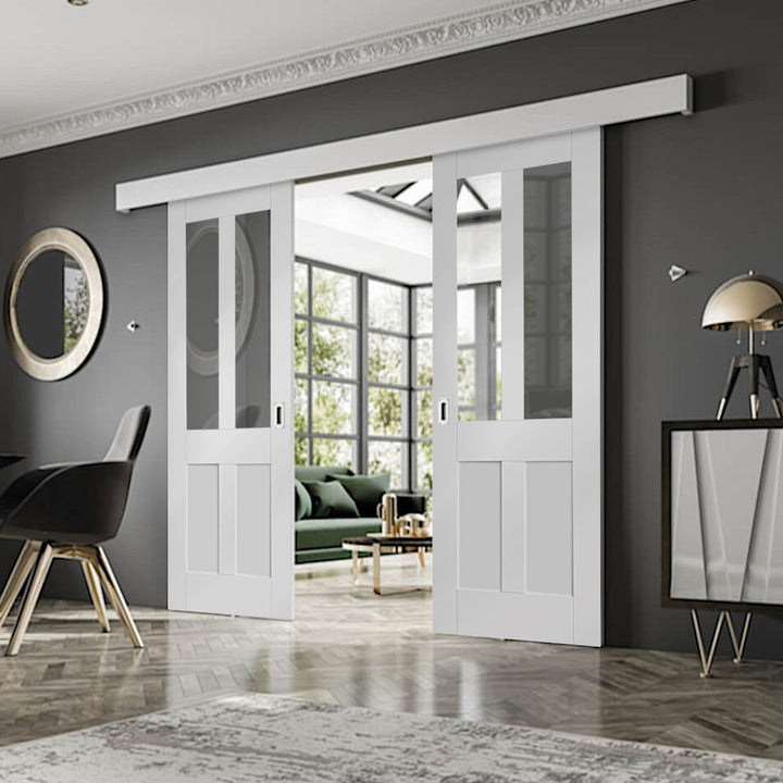 White Malton Shaker Double Sliding Door System Clear Glazed