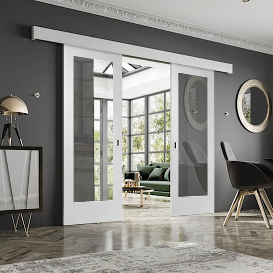 White Pattern 10 Double Sliding Door System Clear Glazed