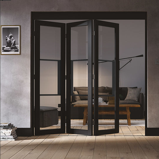 Black Tribeca 3 Door Industrial Style Folding Doors With Clear Glass