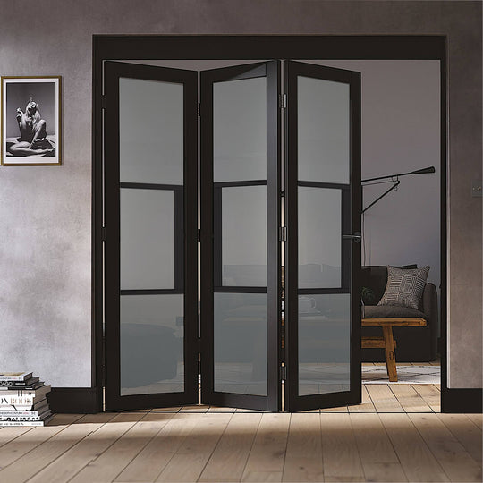 Black Tribeca 3 Door Industrial Style Folding Doors with Tinted Glass