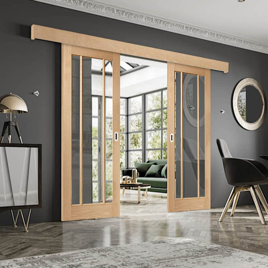 Worcester Oak Double Sliding Door System Clear Glazed