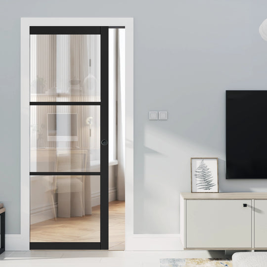 Black 3L Clear Glazed Pocket Door Set