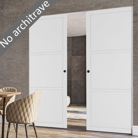 3 Panel White Double Flush Pocket Door Set