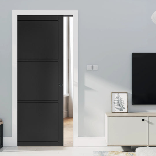 Black 3 Panel Pocket Door Set