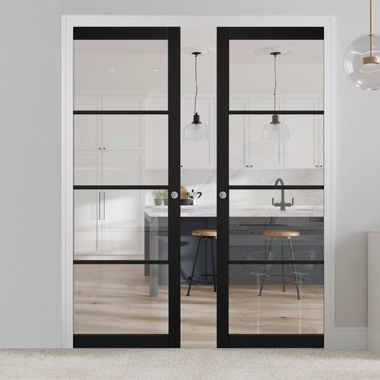 Black 4L Clear Glazed Industrial Style Double Pocket Door Set