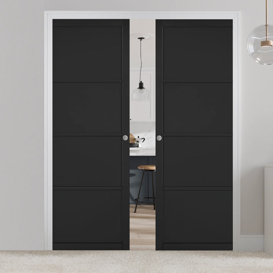 Black 4P Industrial Style Double Pocket Door Set
