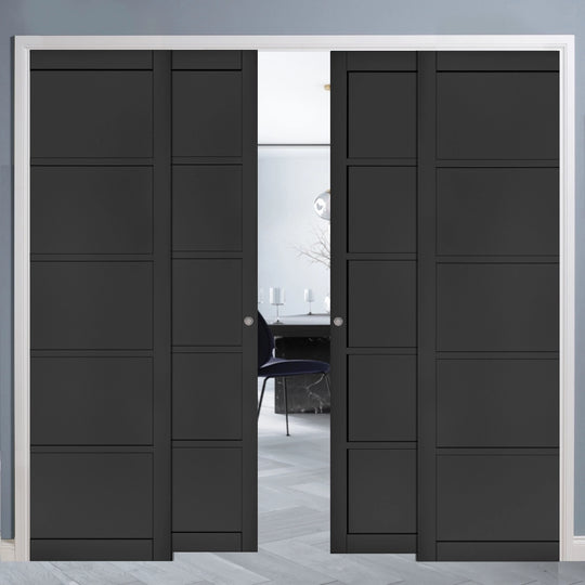 Black 5 Panel 4 Door Telescopic Pocket Door System