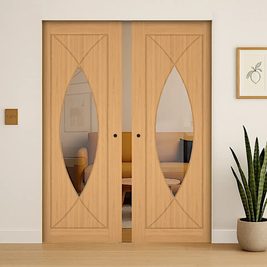 Amalfi Oak Clear Glazed Double Flush Pocket Door Set