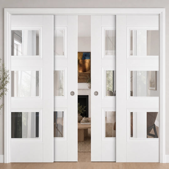 Amsterdam 3L Glazed White 4 Door Telescopic Pocket Door System