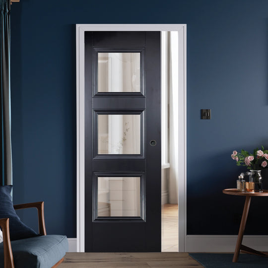 Amsterdam 3L Glazed Black Pocket Door Set