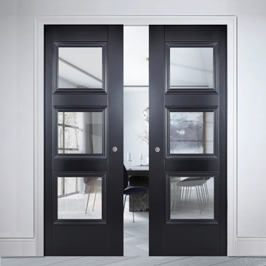 Amsterdam 3L Glazed Black Double Pocket Door Set