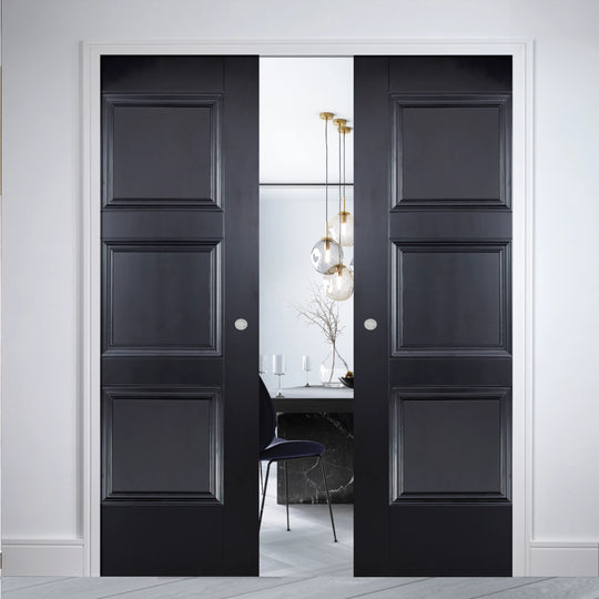 Amsterdam 3 Panel Black Double Pocket Door Set