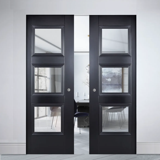 Amsterdam Black Clear Glazed Double Flush Pocket Door Set