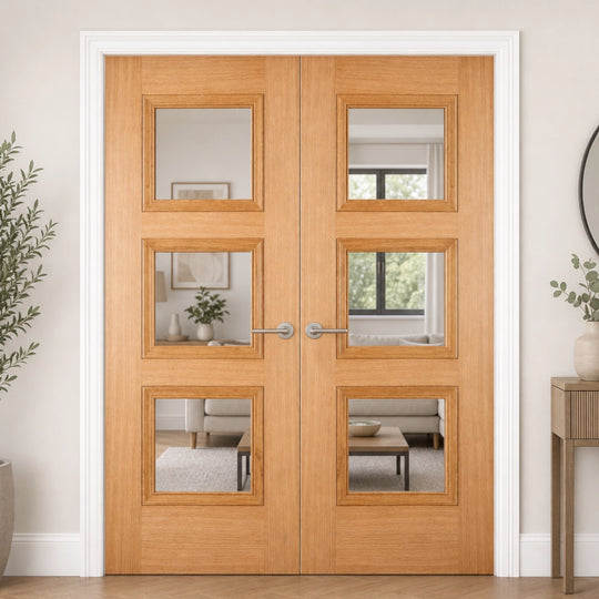 Amsterdam 3 Panel Oak Fully Finished Clear Glazed Door Pair
