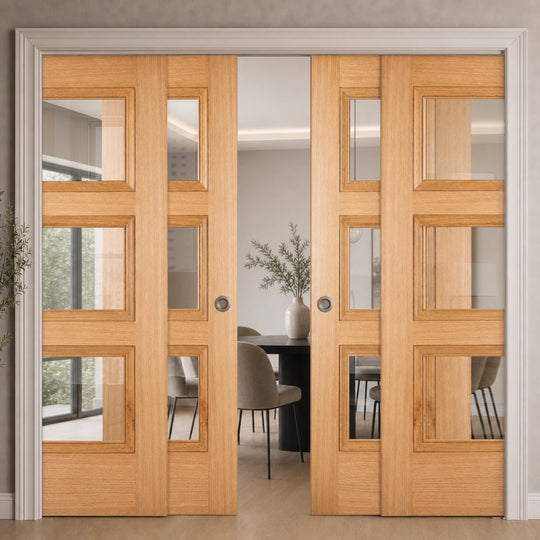Oak Amsterdam Clear Glazed 4 Door Telescopic Pocket Door System