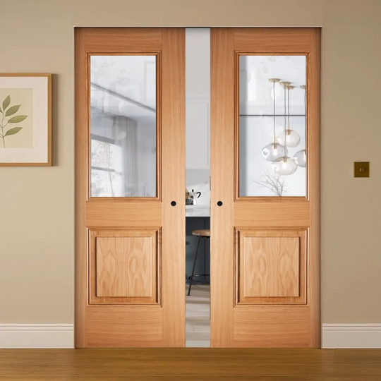 Arnhem Oak Clear Glazed Double Flush Pocket Door Set