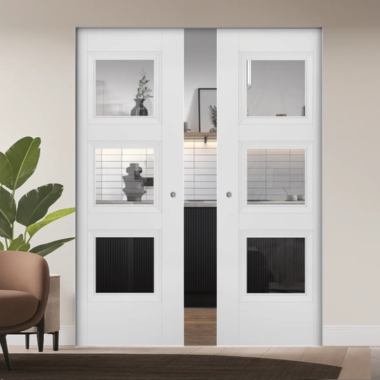 Amsterdam White Clear Glazed Double Flush Pocket Door Set