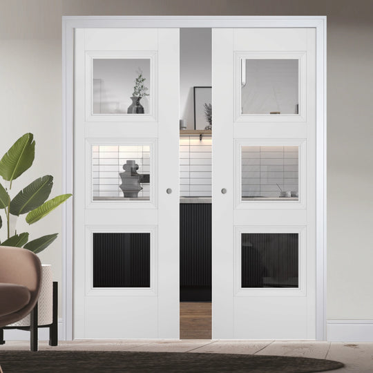 Amsterdam 3L Glazed White Double Pocket Door Set