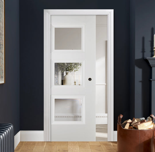 Amsterdam 3L White Primed Glazed Pocket Door Set