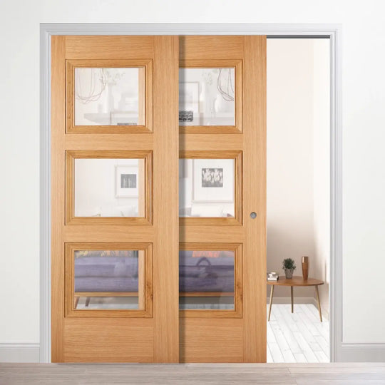 Amsterdam Clear Glazed Oak Telescopic Pocket Door System