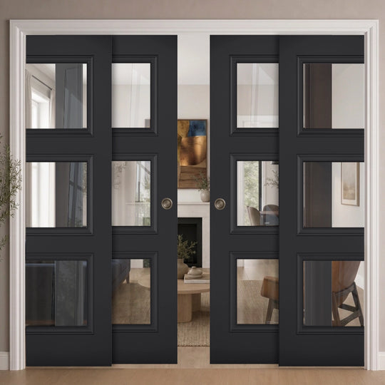 Antwerp Black 3L Clear Glazed 4 Door Telescopic Pocket Door System