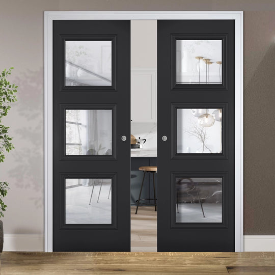 Antwerp 3L Black Clear Glazed Double Pocket Door Set