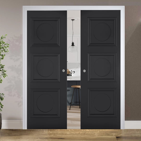 Antwerp 3 Panel Black Double Pocket Door Set