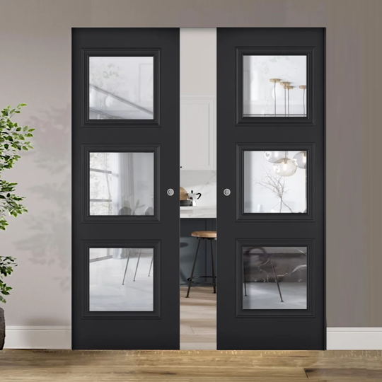 Antwerp Black Clear Glazed Double Flush Pocket Door Set