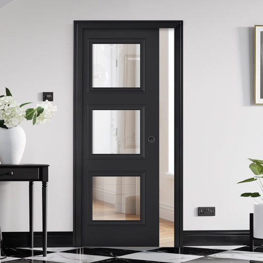 Antwerp 3L Black Glazed Pocket Doors Set