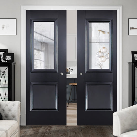 Arnhem Black 1P 1L Clear Glazed Double Pocket Door Set