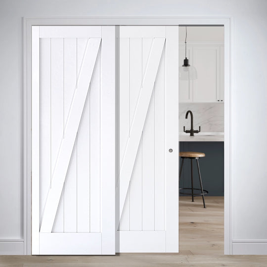 Barn Style White Telescopic Pocket Door System
