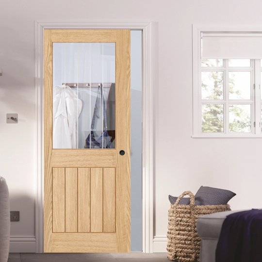 Belize Oak 1 Light Silkscreen Glazed Pocket Door Set